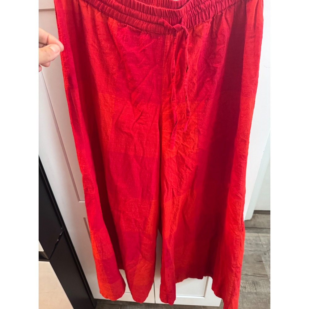 Bombay Paisley Red Wide Leg Cotton Pants Elastic Waist Tonal Check S/M